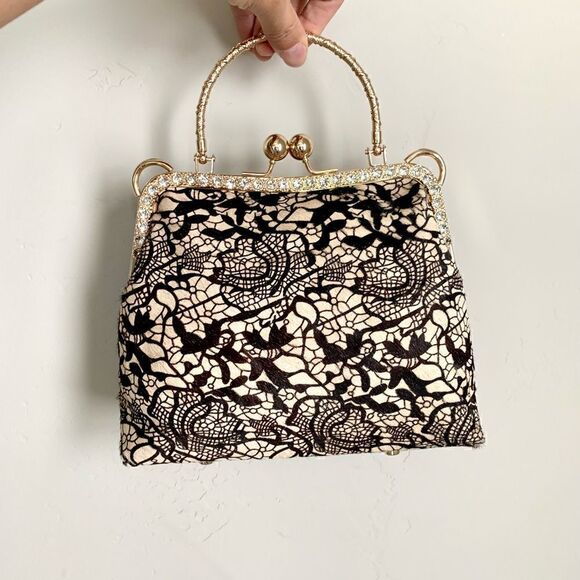 Handmade Real Hair-on-horsehide Black Lace Print Kisslock Bag & Small Purse Set - Picture 3 of 16